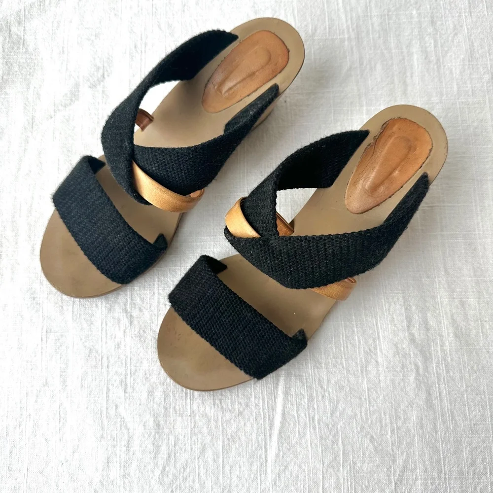 MM6 Maison Margiela Wedge Sandals Black Fabric Strappy Slip‎ On Slides 37